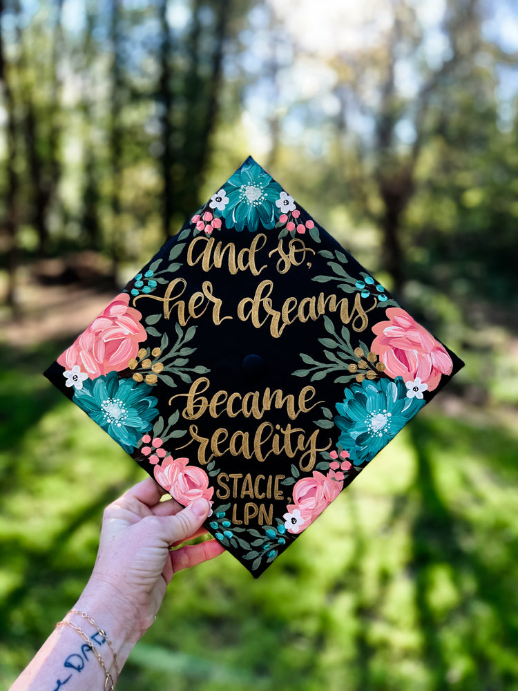 Hand painted, Hand Lettered Custom Graduation cap TOPPER